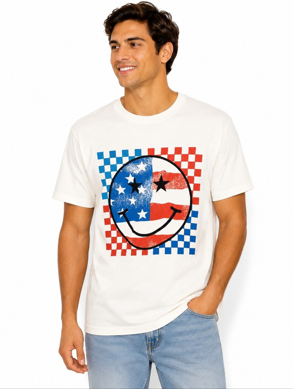 Sugar Flower White Patriotic Tee USA Smiley 4 of July Men's T-shirt Size L
